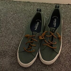 Sperry green Canvas Shoes with Tan Laces size 8 boat shoe